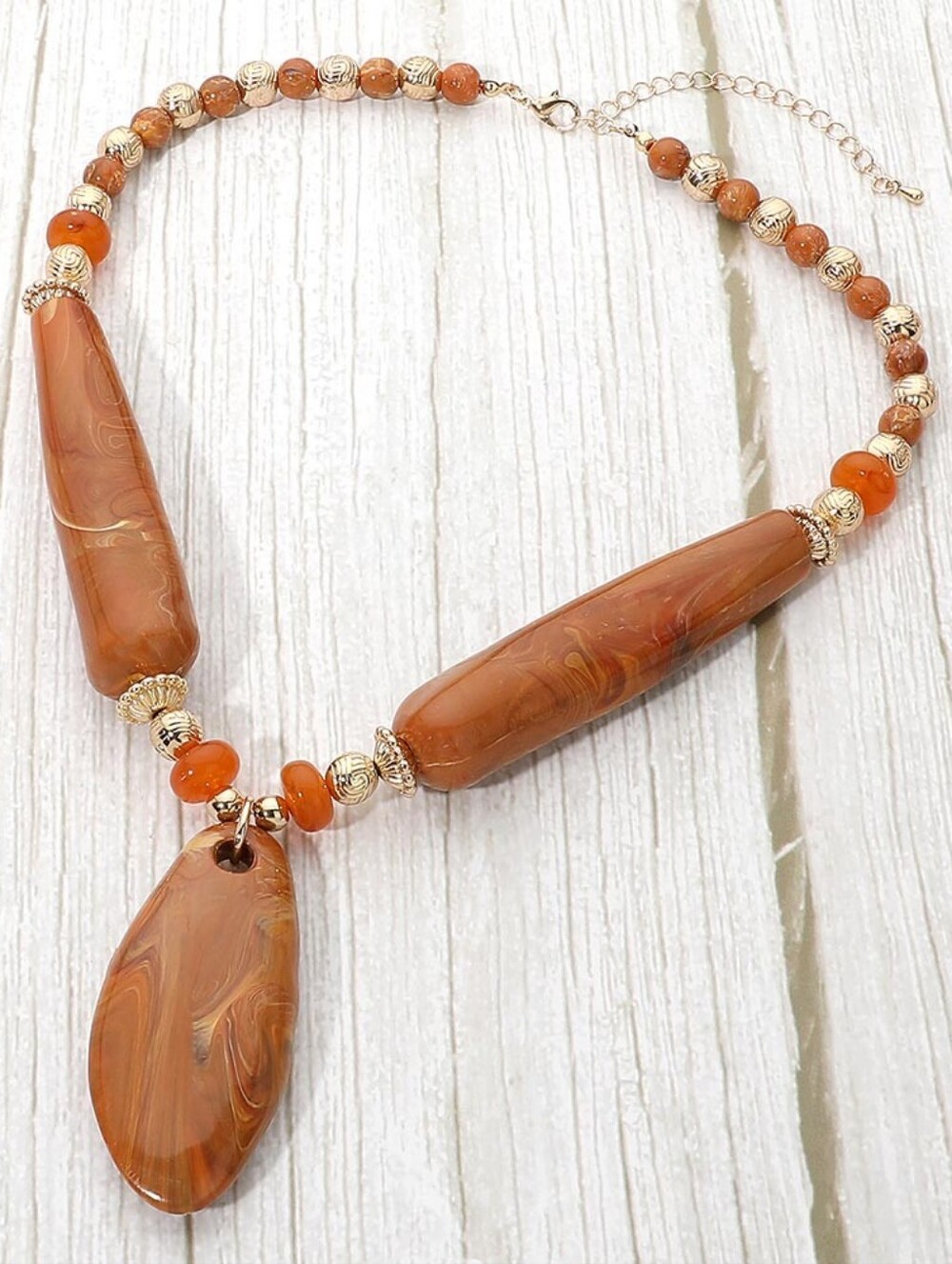 Brown Teardrop Resin Stone Beaded Pendant Necklace Bold Chunky Jewelry Gold